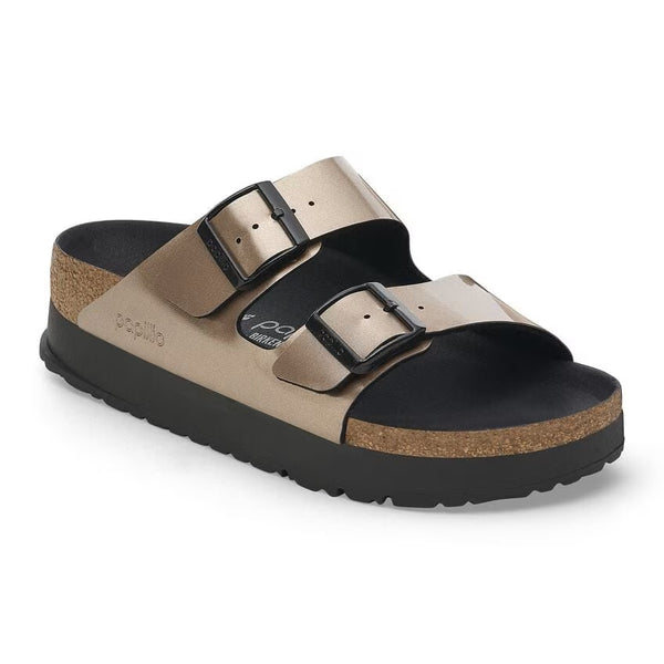 BIRKENSTOCK Women's Arizona Flex Platform Birko-Flor Patent (Electric Metallic Taupe - Narrow Fit)